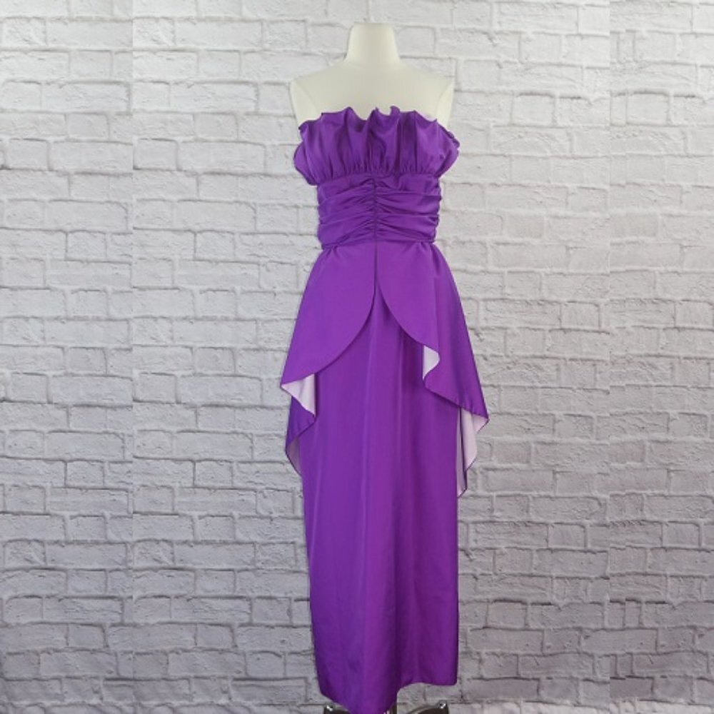 Vintage 80s Purple Peplum Strapless Maxi Dress